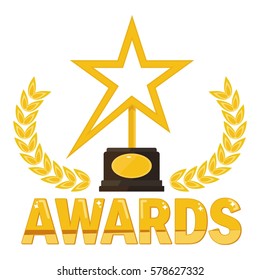 Award statue in shape of star with laurel wreath on stand. Trophy for first place in competition, film festival, achievement and success. Flat vector illustration. Objects isolated on background.