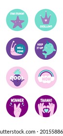 Award stickers for pupils, kids with cute symbols, and motivational slogans.