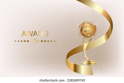 Award for success is a gold cup and a shiny ribbon on a white background. Vector