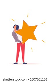 Award and success. Happy smiling woman showing rating star isolated on white background. Victory, award and success celebration vector illustration