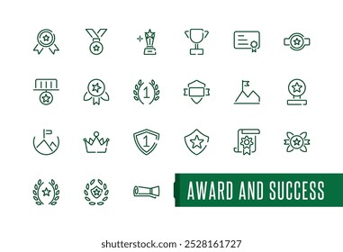 Award and Success line icon Set. Collection of minimalist, line icons representing various symbols of achievement and success.