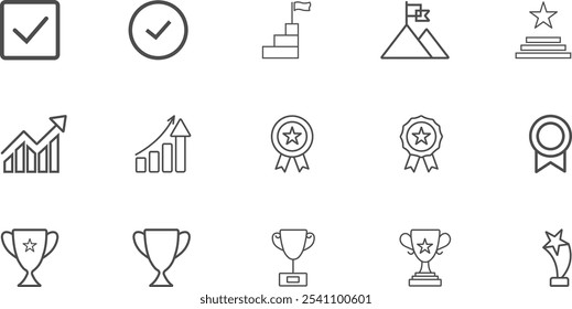 Award And Success Line Icons Set. Goals, successful business development, process editable stroke 