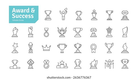 Award and Success Line Icons Set. Achievement, Sport, Trophy, Medal, Champion, Winner, Leadership, Competition Icons. Editable Stroke Vector Illustration.