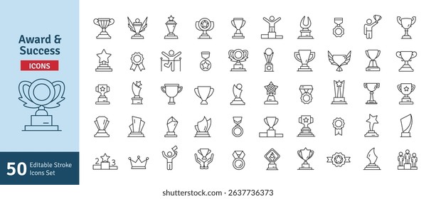 Award and Success Line Icons Set. Achievement, Sport, Trophy, Medal, Champion, Winner, Leadership, Competition Icons. Editable Stroke Vector Illustration.