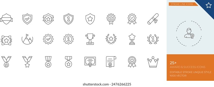 Die Illustration "Award And Success Stock Line Icon Set" ist eine Kollektion von minimalistischen, linienförmigen Icons, die verschiedene Symbole für Leistung und Anerkennung darstellen.