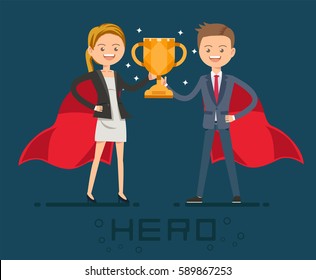 Premio al superhéroe en crisis en la oficina. El feliz ganador.