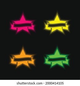 Símbolo de premio de estrella de cinco puntas con una cinta de pancartas icono de vector de neón brillante de cuatro colores
