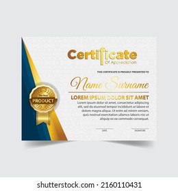 Award template certificate, gold color and gradient. Contains a modern certificate with a gold badge. Diploma vector template
