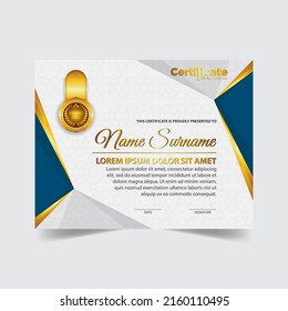 Award template certificate, gold color and gradient. Contains a modern certificate with a gold badge. Diploma vector template