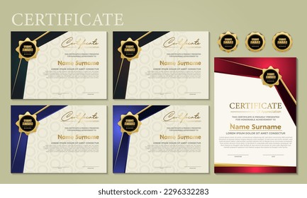 Award template certificate, gold color and blue gradient. Contains a modern certificate with a gold badge. Diploma vector template