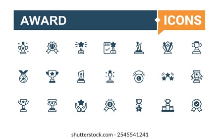 Award thin line icon set. Related to win, app, competition, top, quality, diploma and more. Simple icon designs. Solid line editable vector illustration.