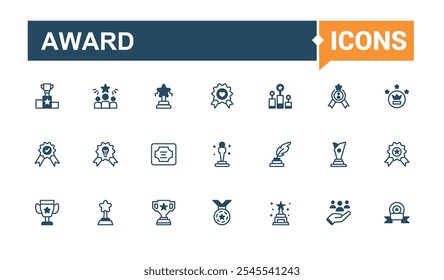 Award thin line icon set. Related to win, app, competition, top, quality, diploma and more. Simple icon designs. Solid line editable vector illustration.