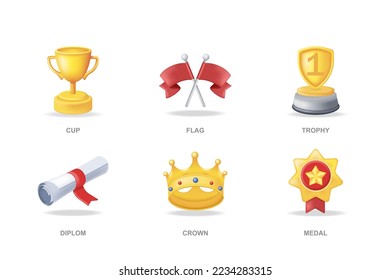 Award trophies 3D icons set in modern design. Pack isolated elements