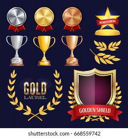 Award Trophies Vector Set. Achievement For 1st, 2nd, 3rd Place Ranks. Ceremony Placement Podium. Golden, Silver, Bronze Achievement. Championship Stars. Laurel Wreath With Gold Shield