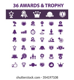 award trophy, achievement, ribbon, medallion, cup, emblem, crown, champ, badge, laurels, banner, reward, vote, gratitude, prize icons, signs vector set for infographics, mobile, website, application
