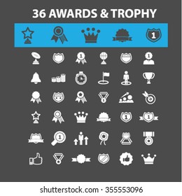 award trophy, achievement, ribbon, medallion, cup, emblem, crown, champ, badge, laurels, banner, reward, vote, gratitude, prize icons, signs vector set for infographics, mobile, website, application
