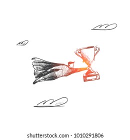 Award trophy concept. Hand drawn superhero with cup for winner. Flying hero brings trophy for winner of competition isolated vector illustration.