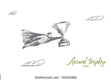 Award trophy concept. Hand drawn superhero with cup for winner. Flying hero brings trophy for winner of competition isolated vector illustration.