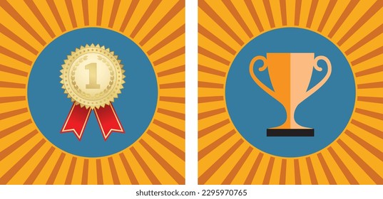 Award trophy cup and badge icon on sun beam abstract background