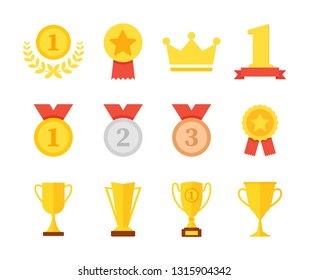 Award and trophy cup icon set. Golden cups for winners and others sport trophy. Golden reward. Win awards. Trophy medals. Vector illustration