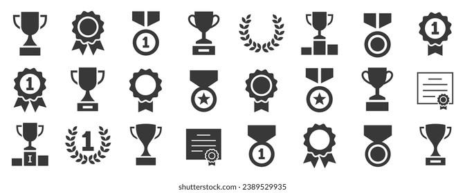 Juego de iconos de premio y copa de trofeo. Ganando colección de iconos. Colección de símbolos de premio. Trofeo, vector de silueta de medalla