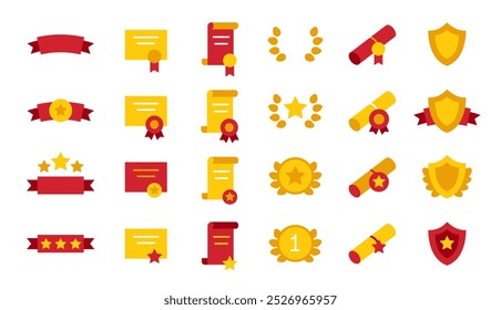 Award and Trophy cup icon set. Winning icons collection. Award symbols collection. Victory trophy signs depicting an award. Concept of competitions, awards, ceremonies. Gold and red colors