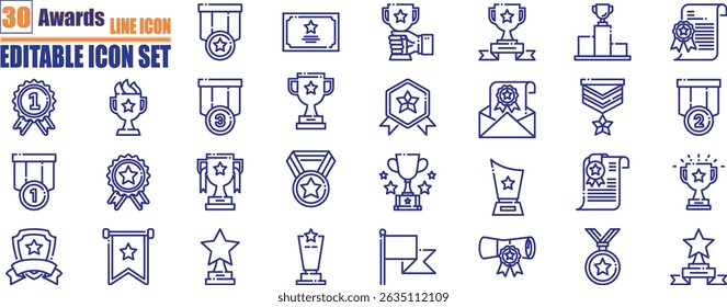Award Trophy cup icon set. award icon set containing badge, trophy, certificate, and more. Editable stroke.	
