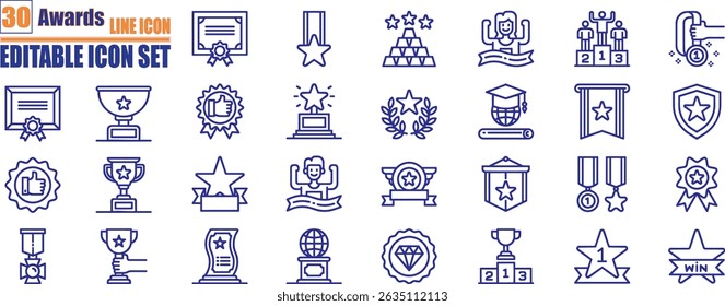 Award Trophy cup icon set. conjunto de ícones de prêmio contendo emblema, troféu, certificado e muito mais. Traçado editável.	
