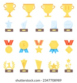 Award, trophy, cup and medal flat icon set. Golden reward and gold trophy for championship. Trophy cup, Medal, Winner prize icon. Vector