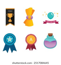Award, trophy, cup and medal flat icon set - color illustration