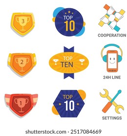 Award, trophy, cup and medal flat icon set - color illustration