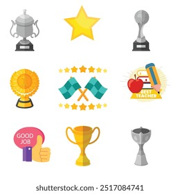 Award, trophy, cup and medal flat icon set - color illustration