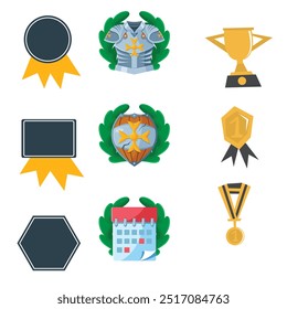 Award, trophy, cup and medal flat icon set - color illustration