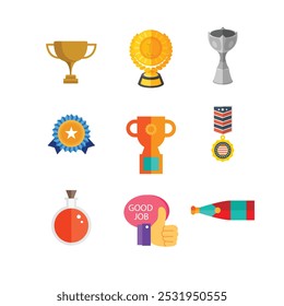 Award, trophy, cup and medal flat icon set - color illustration