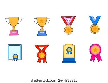 Award, trophy, cup and medal flat icon set - color illustration