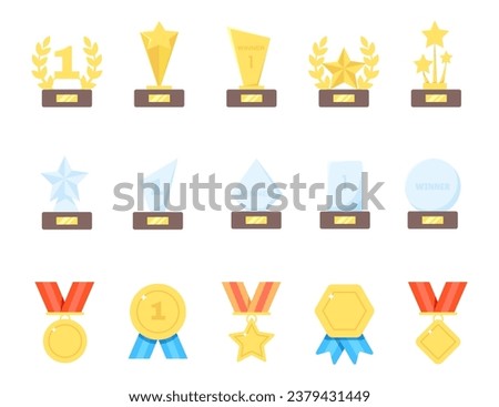 Award, trophy, cup and medal flat icon set. Golden reward and gold trophy for championship. Trophy cup, Medal, Winner prize icon. Vector