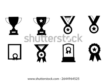 Award, trophy, cup and medal flat icon set - black illustration