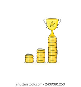 Award, trophy cup on coin stack for success in business. Vector doodle illustration of financial reward in, prize for winner in contest or competition