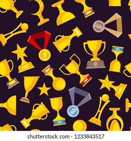 Award trophy cup seamless pattern. Sports winners golden medal rewards vector flat pictures on dark background for textile design production