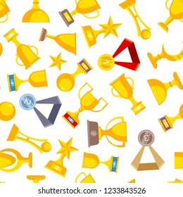 Award trophy cup seamless pattern. Sports winners golden medal rewards vector flat pictures background for textile design production