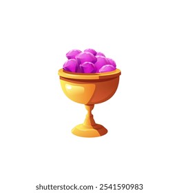 Award Trophäe Gold Tasse voller lila Edelsteine Symbol. Champion-Ruhm im Wettbewerb, Leistung. Gewinner des Spielsieges Preis Schätze Kugel mit Diamanten. Vektorgrafik, flach, einzeln