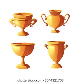 Conjunto de iconos de copa de oro de trofeo de premio. Campeón de la gloria en la competencia, primer lugar copa de premio, premio del ganador del juego. Ilustración plana de Vector aislada en blanco. Logro del campeonato. Victoria en el torneo