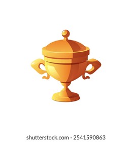 Taza de oro trofeo de premio con icono de tapa. Campeón de la gloria en la competencia, copa del primer lugar, premio del ganador del juego. Ilustración plana de Vector aislada en blanco. Logro del campeonato. Victoria en el torneo