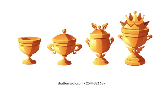 Award trophy gold cups different achievement levels with wings, crown icons set. Champion glory in competition, goblet game victory winner prize. Vector flat illustration isolated on white