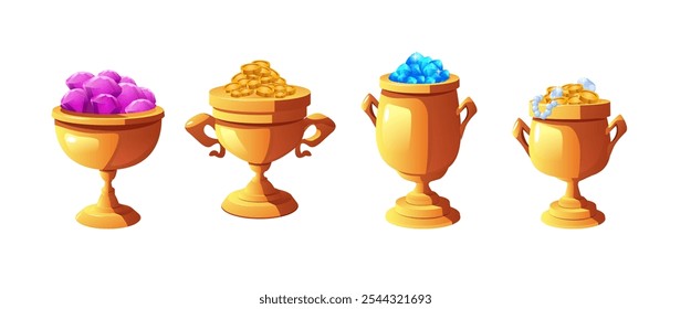 Tazas de oro trofeo de premio con joyas, monedas de oro, iconos de piedras preciosas. Campeón de la gloria en la competencia, el logro. El ganador del premio de la victoria del juego atesora el premio de la copa. Ilustración plana de Vector aislada