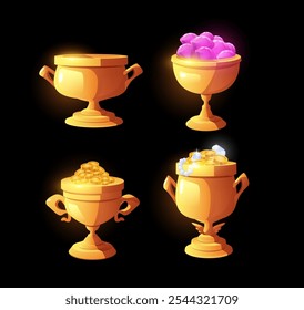 Award trophy gold cups with jewelry, gold coins, gemstones vector icons set. Game victory winner prize treasures goblet awards isolated on black. Champion glory in competition, achievement