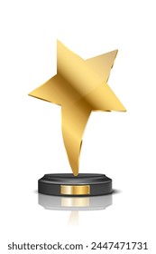 Award trophy with gold star shaped prize statue on white background. Champion glory in competition vector illustration. Hollywood fame in film, first place, contest winner golden symbol.