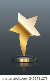 Trofeo de premio con estatua en forma de estrella de oro sobre fondo gris. Gloria de campeón en la Ilustración vectorial de competición. Fama de Hollywood en el cine, primer lugar, ganador del concurso símbolo de oro.