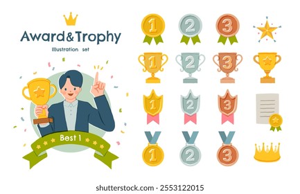 Award trophy icon reward prize rank medal cup isolated set. Vector flat graphic design illustration