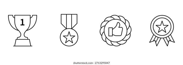 Conjunto de iconos de trofeos de premio, copa del primer lugar, medalla de estrella, insignia de pulgares hacia arriba, Ilustración vectorial de logros de esquema de roseta de cinta de premio.